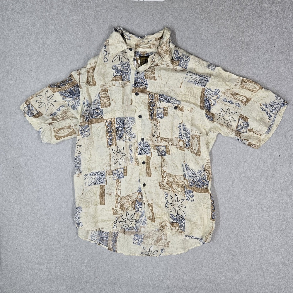 Bruno B Men Button Up Shirt L Beige 100% Silk Floral Geometric Hawaiian Pocket